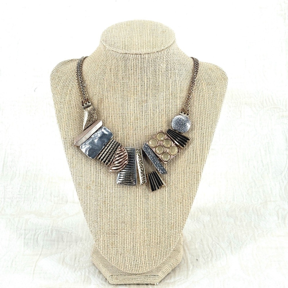 Boho Mixed Metal Statement Bib Necklace Earrings Set Hammered Scroll 18"
